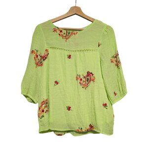 Figueroa & Flower Lime Green Embroidered Boho Blouse Size PM Womens Top